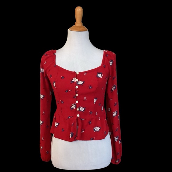 Hollister Red Viscose Floral Peasant Peplum Blouse size S - Picture 2 of 5